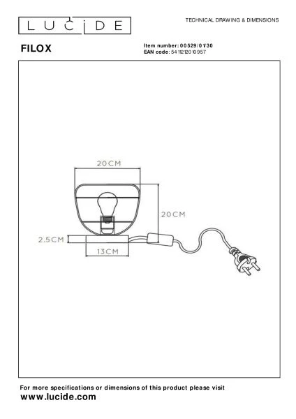 Lucide FILOX - Tafellamp - Ø 20 cm - 1xE27 - Zwart - technisch